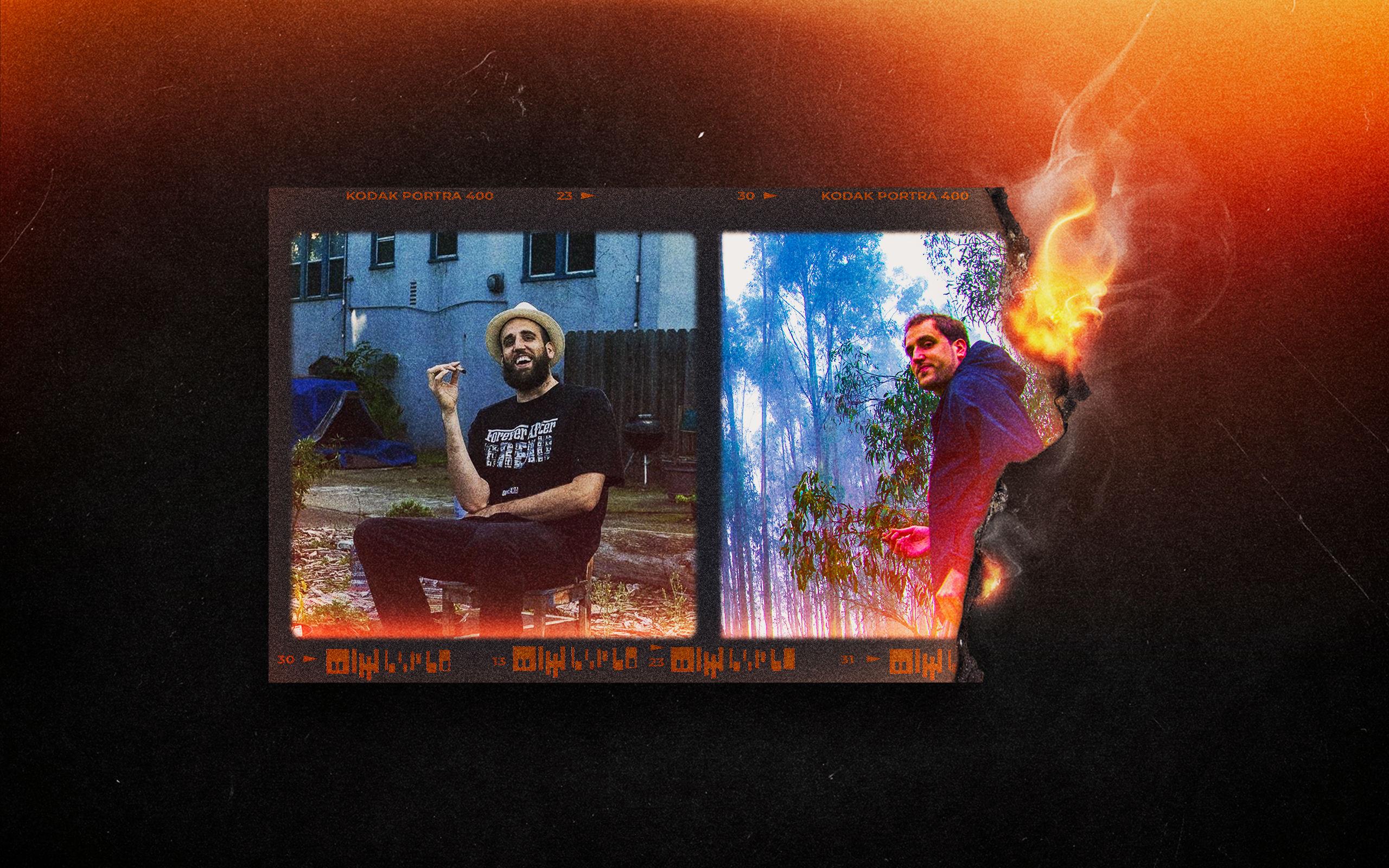 Two photos of the artist Stak on vintage film that looks like its burning